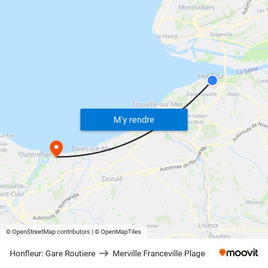 Honfleur: Gare Routiere to Merville Franceville Plage map