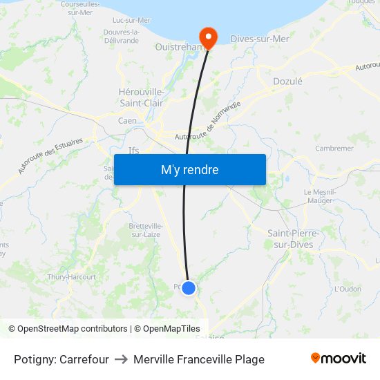 Potigny: Carrefour to Merville Franceville Plage map