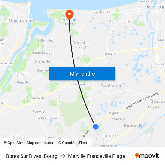 Bures Sur Dives: Bourg to Merville Franceville Plage map