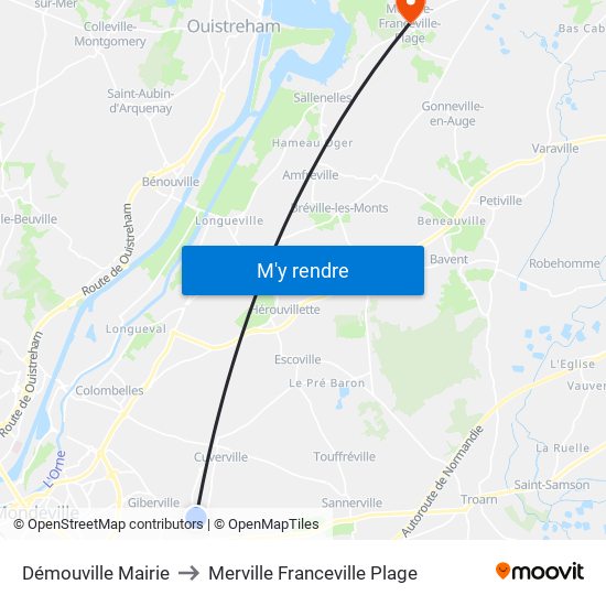 Démouville Mairie to Merville Franceville Plage map