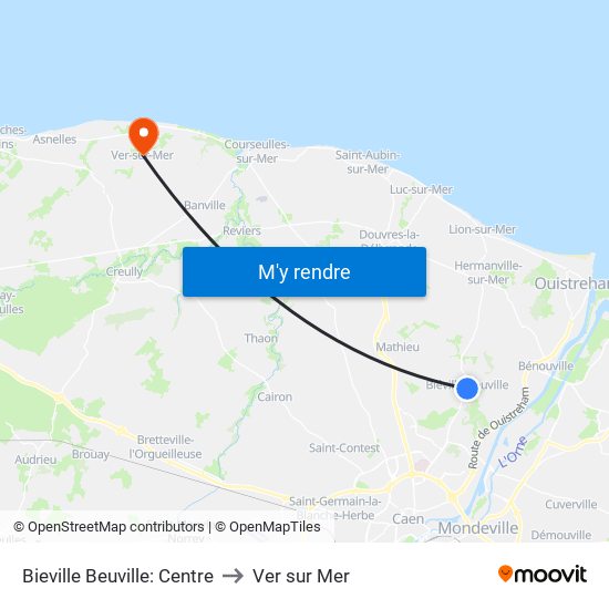 Bieville Beuville: Centre to Ver sur Mer map