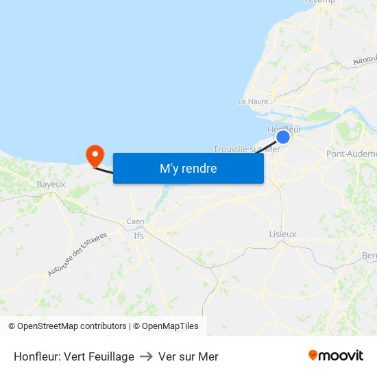 Honfleur: Vert Feuillage to Ver sur Mer map