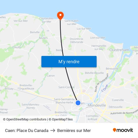 Caen: Place Du Canada to Bernières sur Mer map