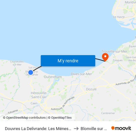 Douvres La Delivrande: Les Ménestrels to Blonville sur Mer map