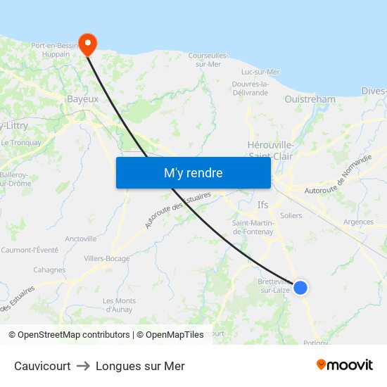Cauvicourt to Longues sur Mer map