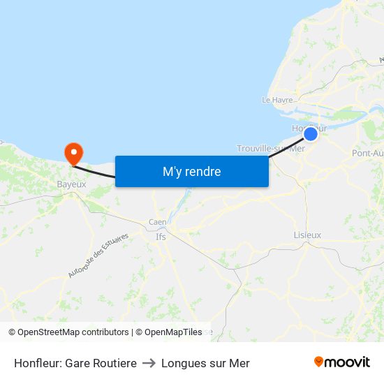 Honfleur: Gare Routiere to Longues sur Mer map