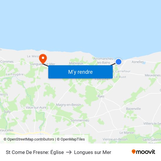 St Come De Fresne: Église to Longues sur Mer map