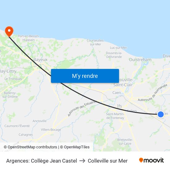 Argences: Collège Jean Castel to Colleville sur Mer map