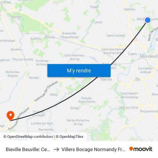 Bieville Beuville: Centre to Villers Bocage Normandy France map