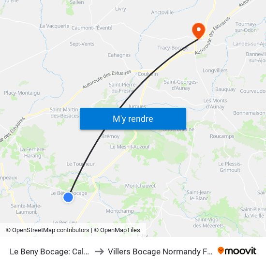 Le Beny Bocage: Calvaire to Villers Bocage Normandy France map