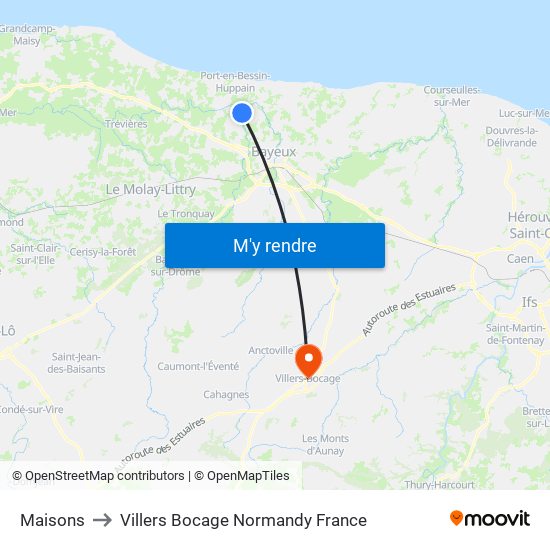 Maisons to Villers Bocage Normandy France map