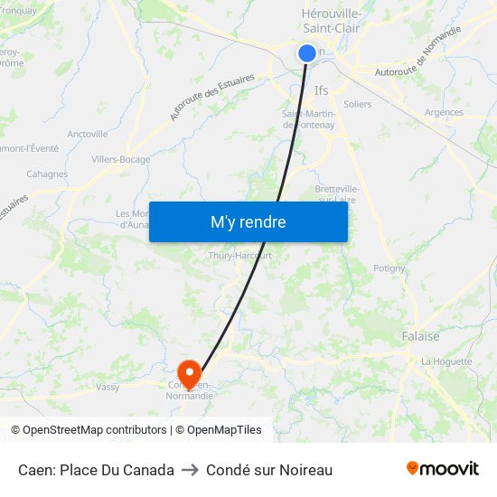 Caen: Place Du Canada to Condé sur Noireau map
