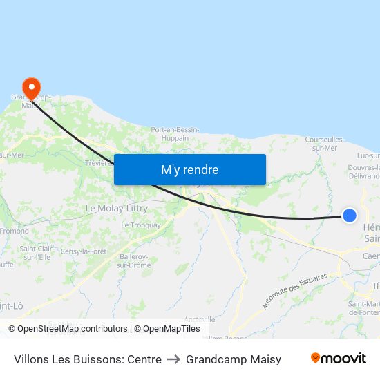 Villons Les Buissons: Centre to Grandcamp Maisy map