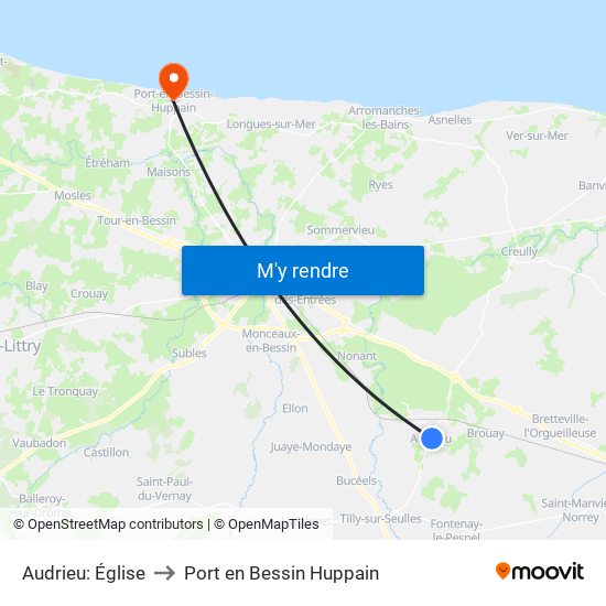 Audrieu: Église to Port en Bessin Huppain map