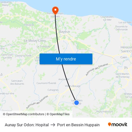 Aunay Sur Odon: Hopital to Port en Bessin Huppain map