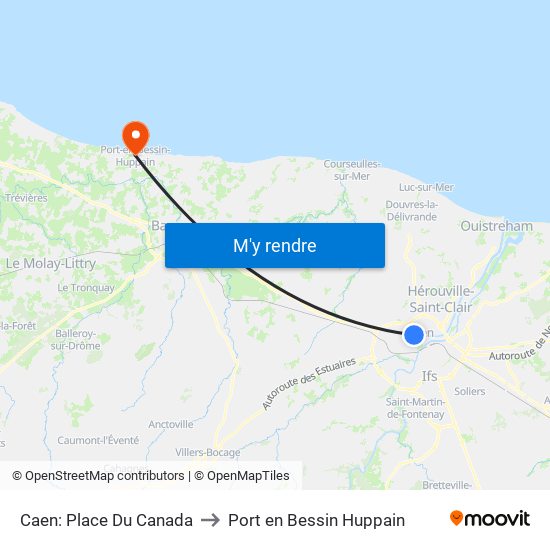 Caen: Place Du Canada to Port en Bessin Huppain map