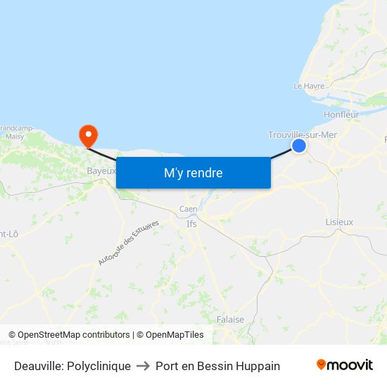 Deauville: Polyclinique to Port en Bessin Huppain map