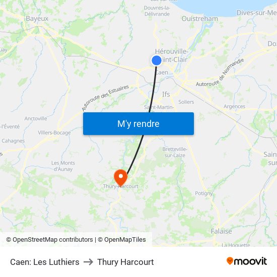 Caen: Les Luthiers to Thury Harcourt map