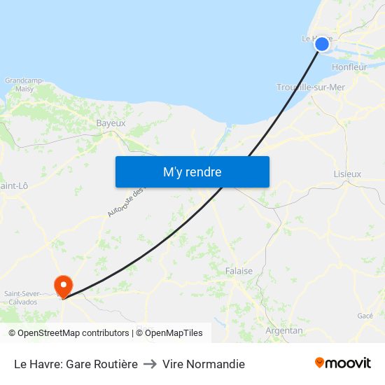 Le Havre: Gare Routière to Vire Normandie map