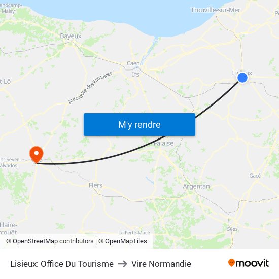 Lisieux: Office Du Tourisme to Vire Normandie map