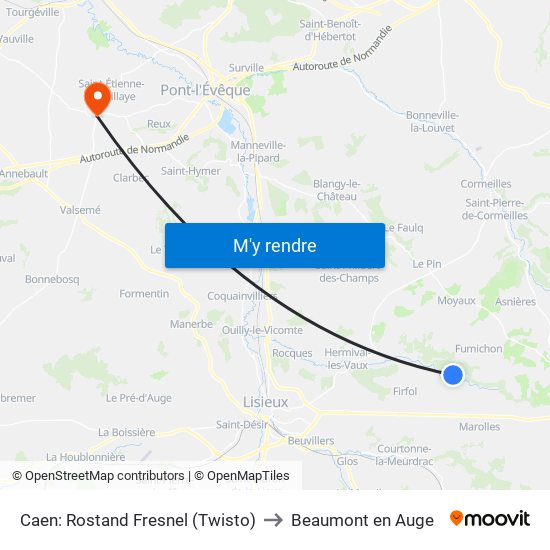 Caen: Rostand Fresnel (Twisto) to Beaumont en Auge map