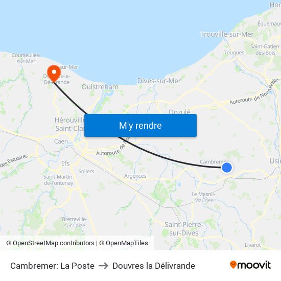 Cambremer: La Poste to Douvres la Délivrande map