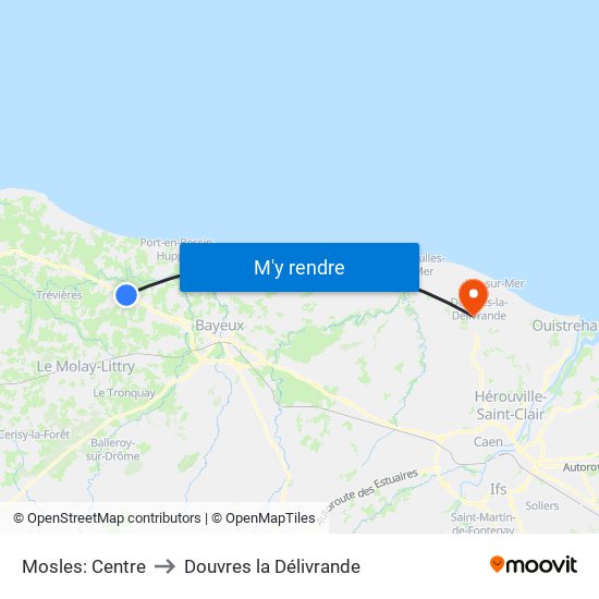 Mosles: Centre to Douvres la Délivrande map
