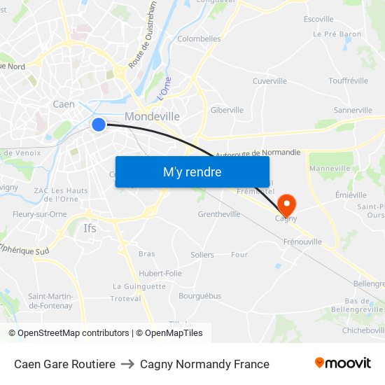 Caen Gare Routiere to Cagny Normandy France map