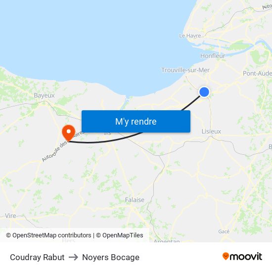 Coudray Rabut to Noyers Bocage map