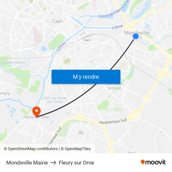 Mondeville Mairie to Fleury sur Orne map