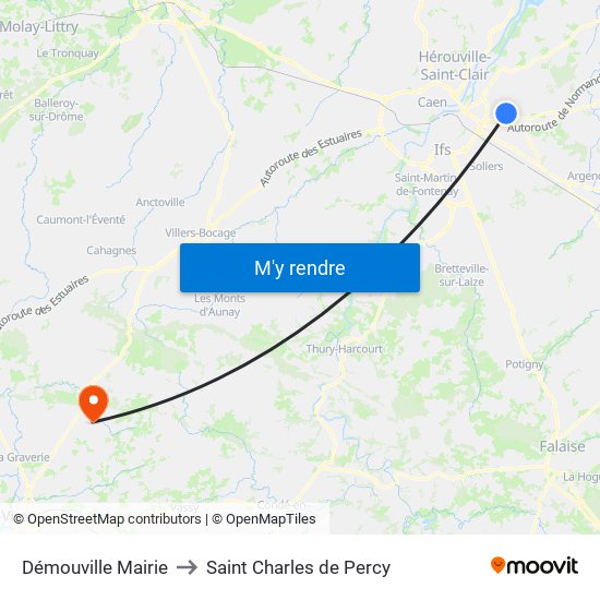 Démouville Mairie to Saint Charles de Percy map