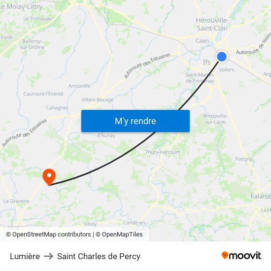 Lumière to Saint Charles de Percy map