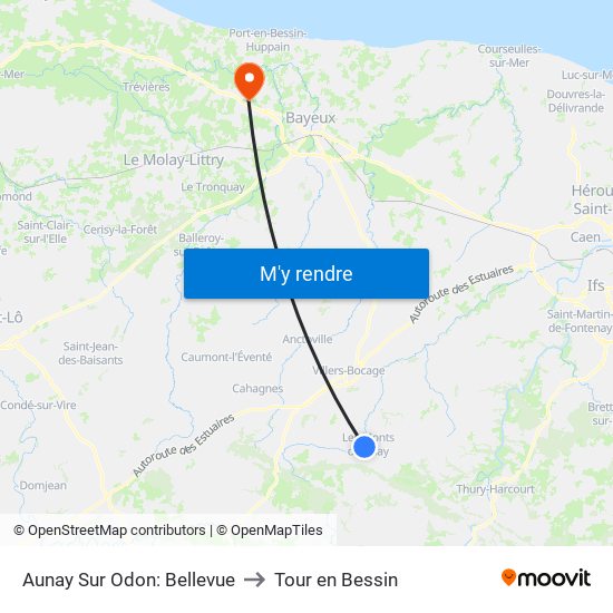 Aunay Sur Odon: Bellevue to Tour en Bessin map