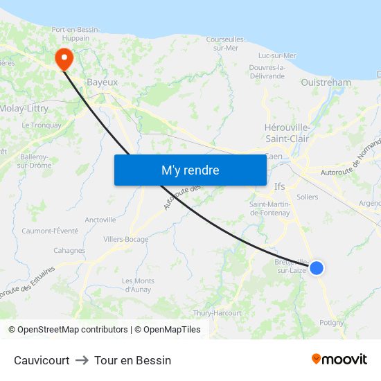 Cauvicourt to Tour en Bessin map