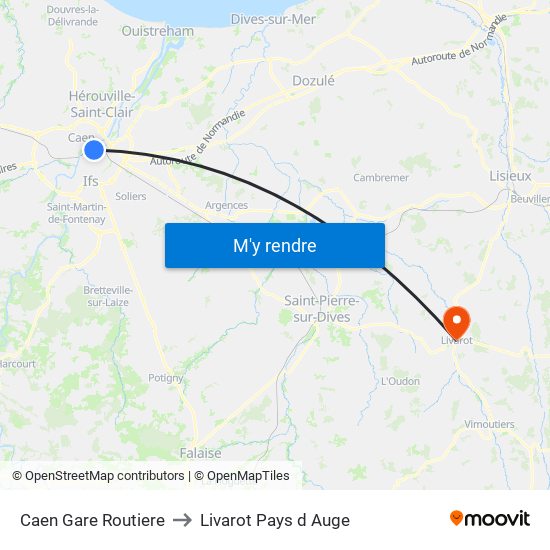 Caen Gare Routiere to Livarot Pays d Auge map