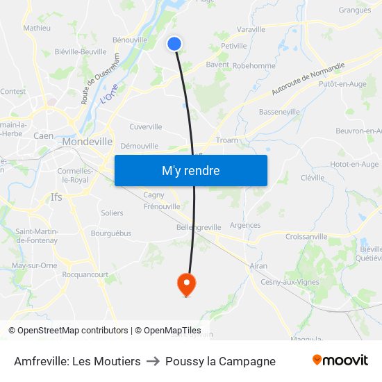 Amfreville: Les Moutiers to Poussy la Campagne map