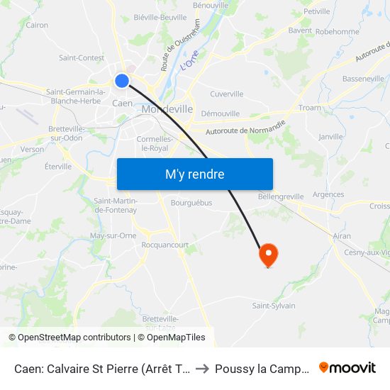 Caen: Calvaire St Pierre (Arrêt Twisto) to Poussy la Campagne map