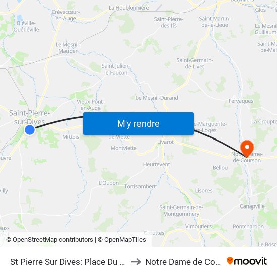 St Pierre Sur Dives: Place Du Marché to Notre Dame de Courson map