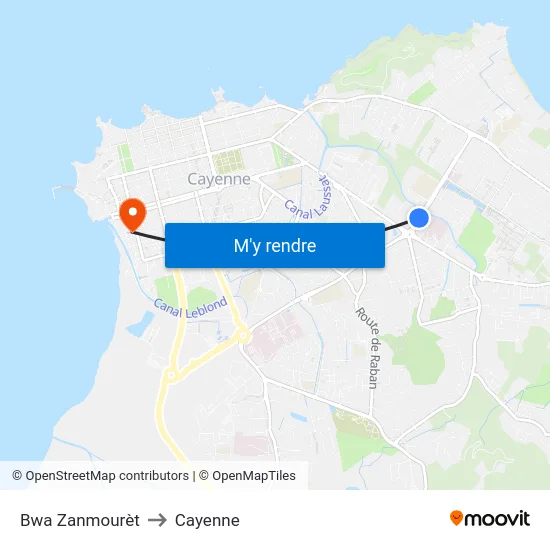 Bwa Zanmourèt to Cayenne map