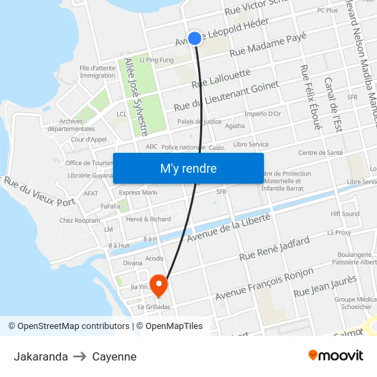 Jakaranda to Cayenne map