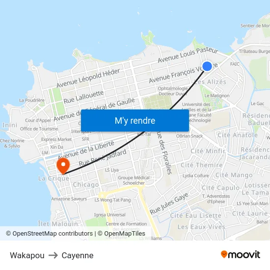 Wakapou to Cayenne map