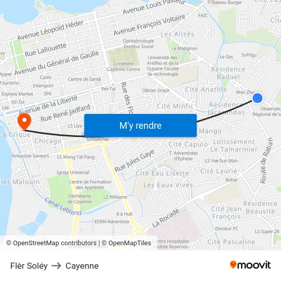 Flèr Soléy to Cayenne map