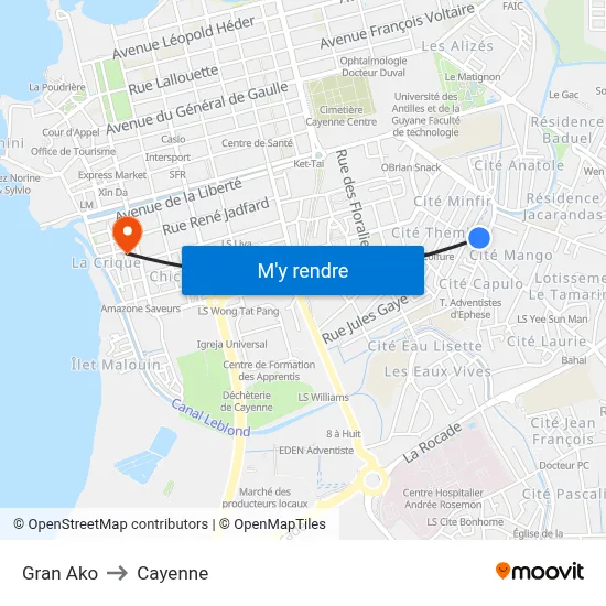 Gran Ako to Cayenne map
