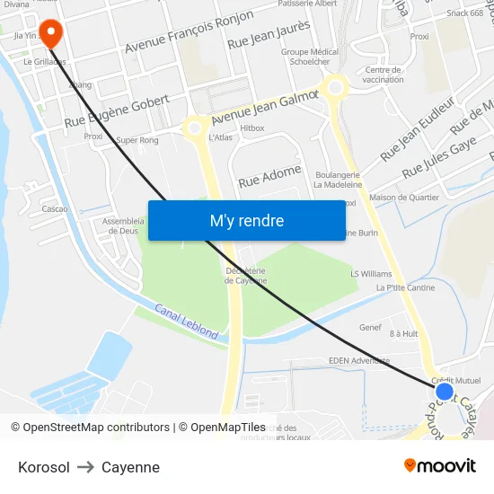 Korosol to Cayenne map
