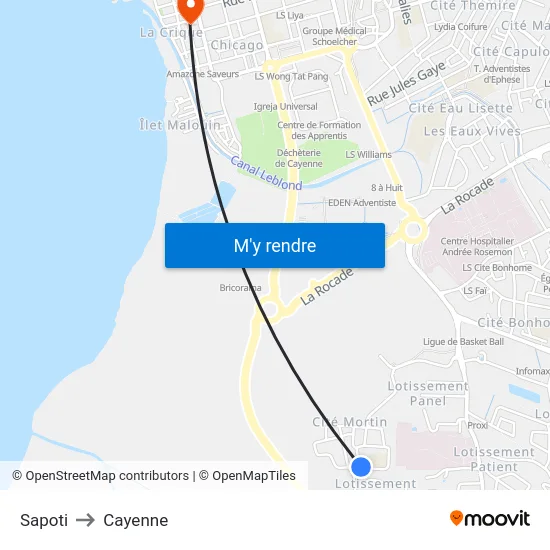 Sapoti to Cayenne map