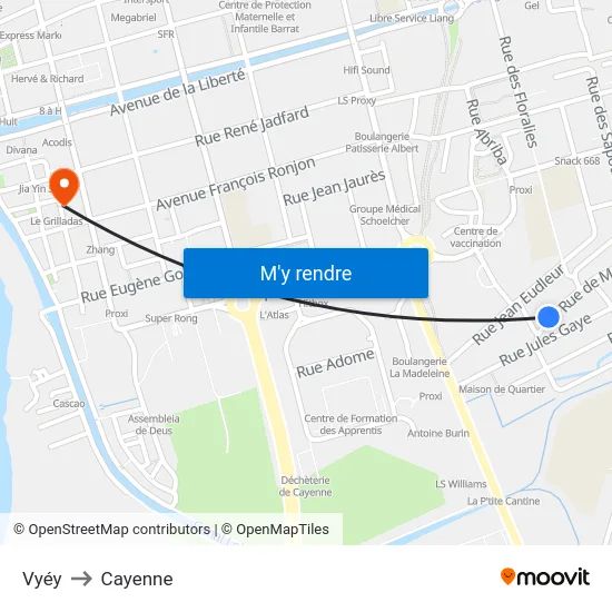 Vyéy to Cayenne map