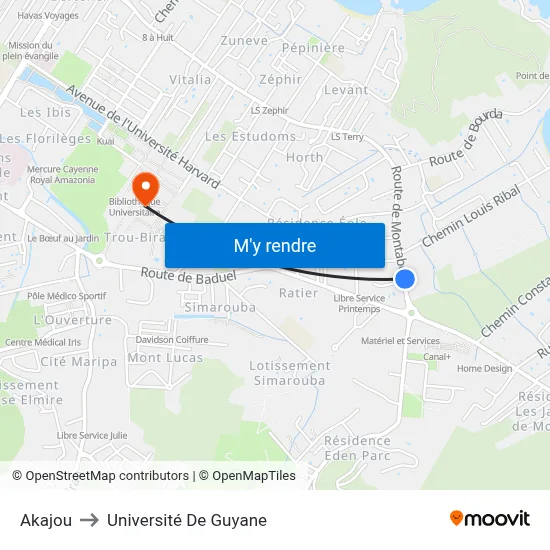 Akajou to Université De Guyane map