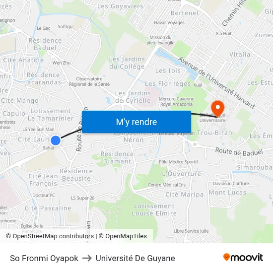 So Fronmi Oyapok to Université De Guyane map