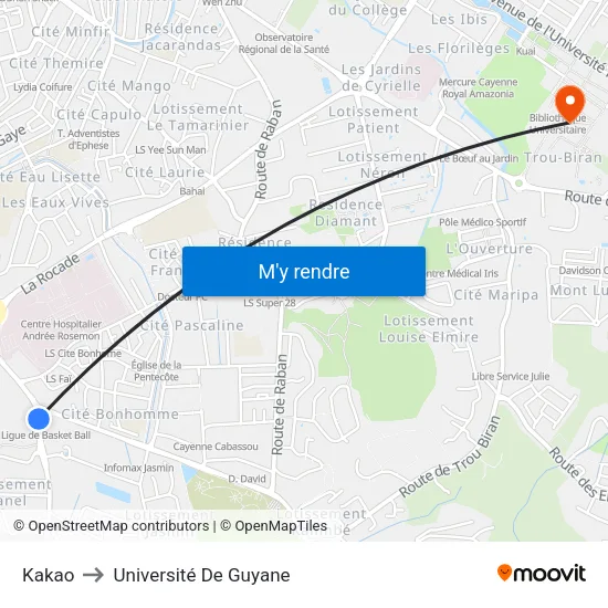 Kakao to Université De Guyane map