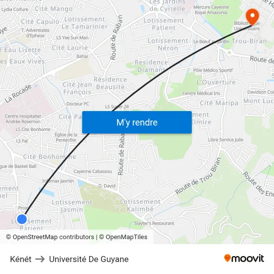 Kénét to Université De Guyane map